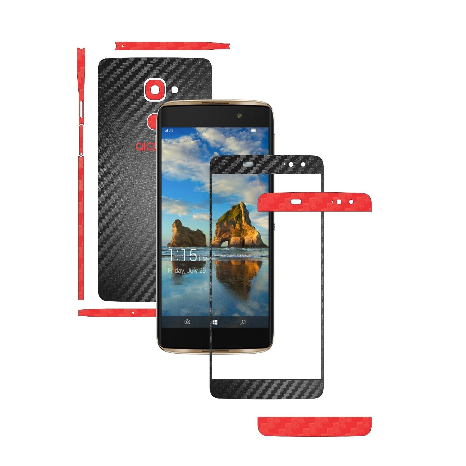 Folie de protectie Full Body Carbon Skinz, Acoperire Totala, Two Tone Negru / Rosu dedicata Alcatel Idol 4S