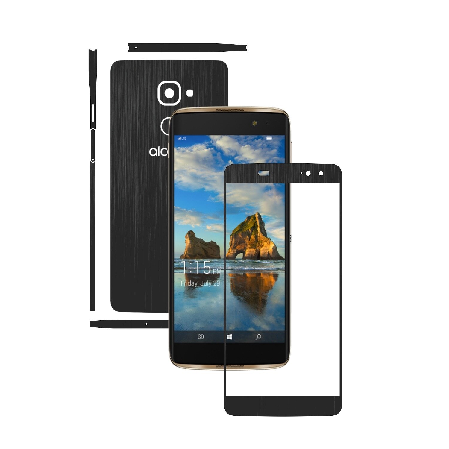 1 + 1 GRATUIT - Alcatel Idol 4S - Brushed Negru - Folie de protectie Carbon Skinz, Husa Full Body Cover de tip Skin Adeziv pentru Rama Ecran,Carcasa Spate si Laterale