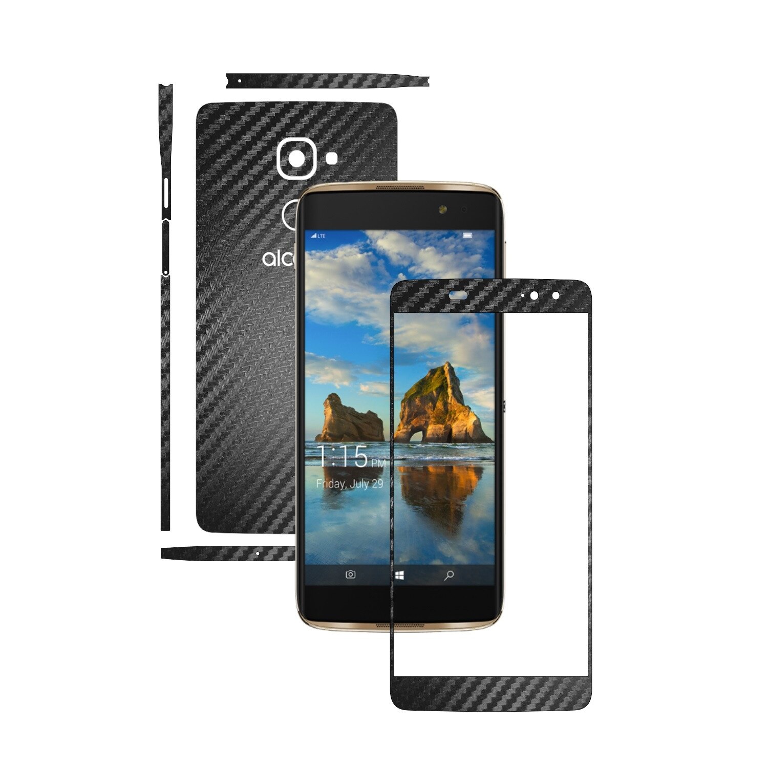 1 + 1 GRATUIT - Alcatel Idol 4S - Carbon Negru - Folie de protectie Carbon Skinz, Husa Full Body Cover de tip Skin Adeziv pentru Rama Ecran,Carcasa Spate si Laterale