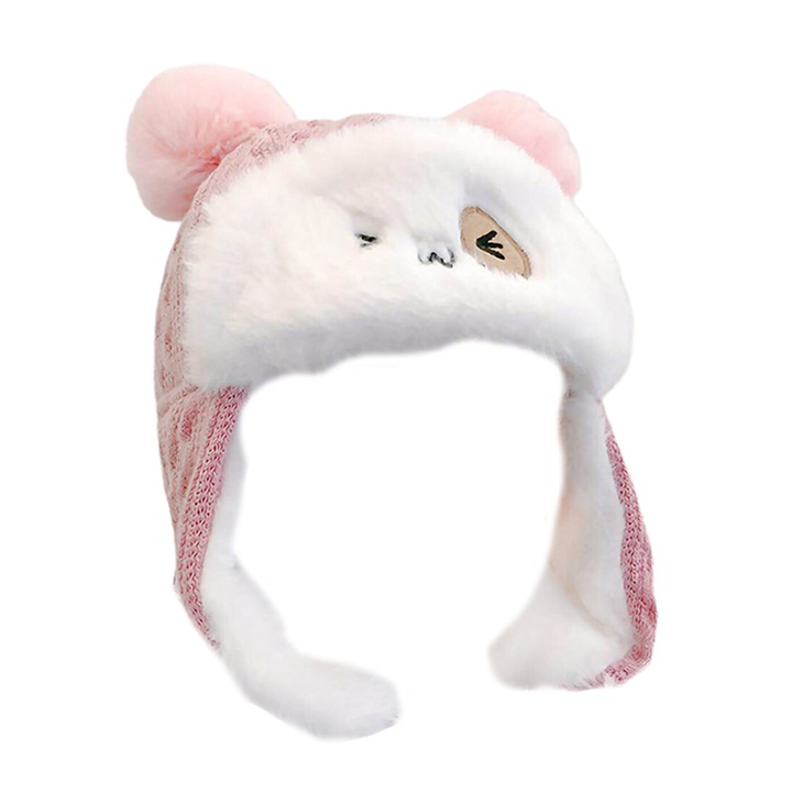 Caciula pentru copii, model pom pom cu urechiuse si prindere in doua moduri, tematica I wink back, 1 – 3 ani, roz, EFAYN