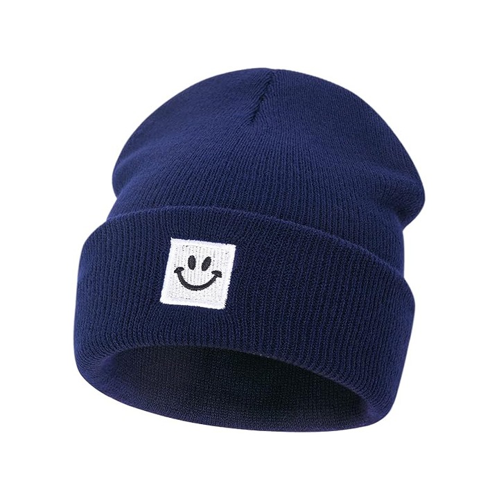 Caciula pentru copii, model moale delicat cu zambet, tematica happy winter, EFAYN, Albastru inchis