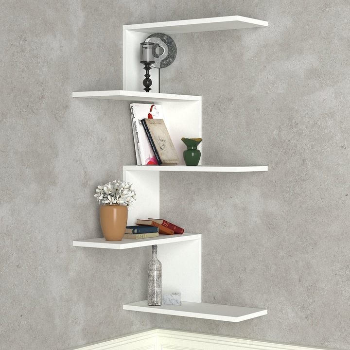 Etajera de Perete pentru Colt, UnicUtil, 52 x 52 x 109 cm, PAL, 5 Rafturi pentru Depozitare, Montare Pe Perete, Finisaj Melaminat, Design Modern, Ideala pentru Bucatarie, Birou, Living, Dormitor sau Hol, Neasamblata, Culoare Alb