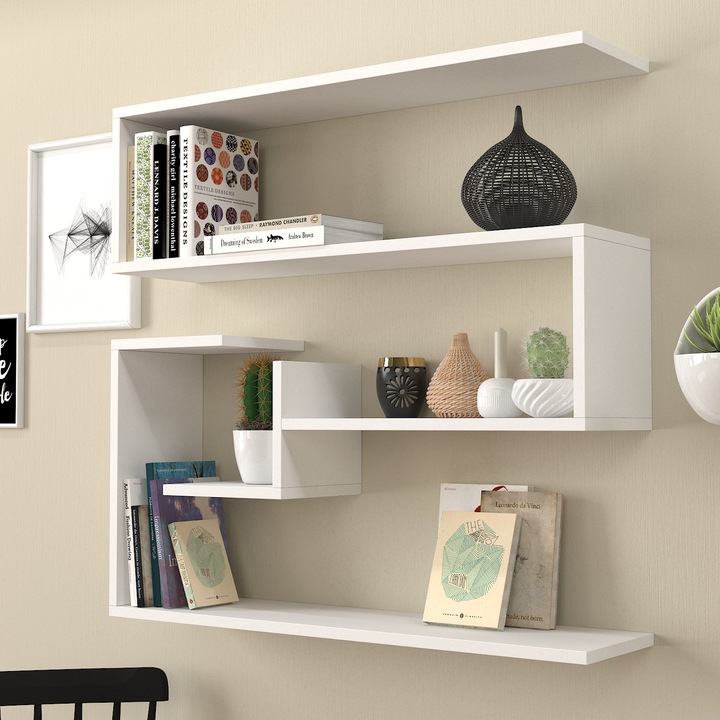 Etajera de Perete, UnicUtil, 90 x 22 x 87 cm, PAL, 4 Rafturi pentru Depozitare, Montare Pe Perete, Finisaj Melaminat, Design Modern, Ideala pentru Living, Birou, Hol, Dormitor sau Bucatarie, Neasamblata, Culoare Alb
