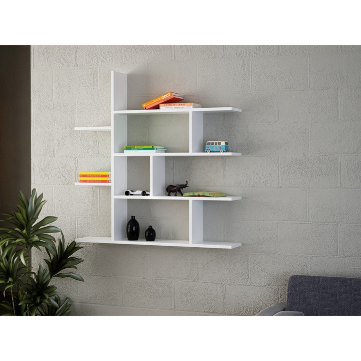 Etajera de Perete UnicUtil®, 120 x 22 x 122 cm, Cu Rafturi Orizontale si Design Geometric Modular, Ideala Pentru Carti, Decoratiuni, Plante sau Obiecte Usoare, Montaj Pe Perete, Structura Rezistenta si Estetica, Culoare Alb