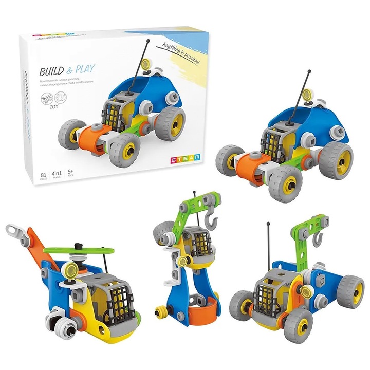 Set educational STEM CREATOR 4 in 1 masini de Jucarie, Demontabil, cu Surubelnita, Instructiuni si Cutie de Depozitare Qutek, albastru