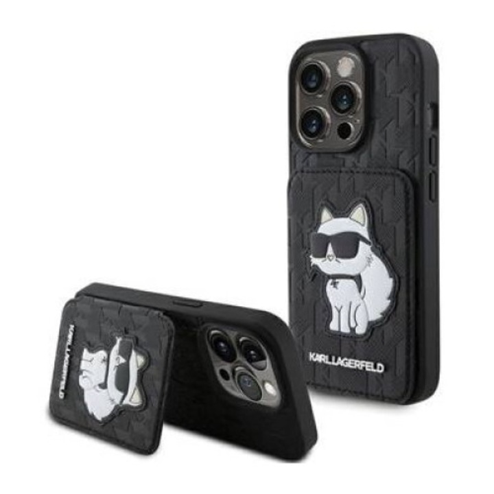 Husa telefon Karl Lagerfeld Saffiano Monogram Choupette, hardcase, neagra, pentru iPhone 15 Pro Max 6.7", cu sloturi pentru carduri si suport