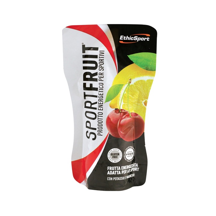 Gel energetic inovator Sport Fruit, carbohidrati, magneziu, Cirese, ciclism, copii, natural, fara gluten, 630 g, 15 pliculete