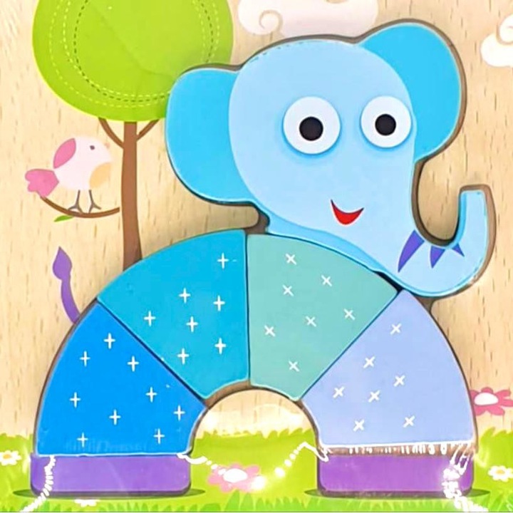 Puzzle pastel din 4-5 piese de lemn, model elefant, 15 x 15 cm