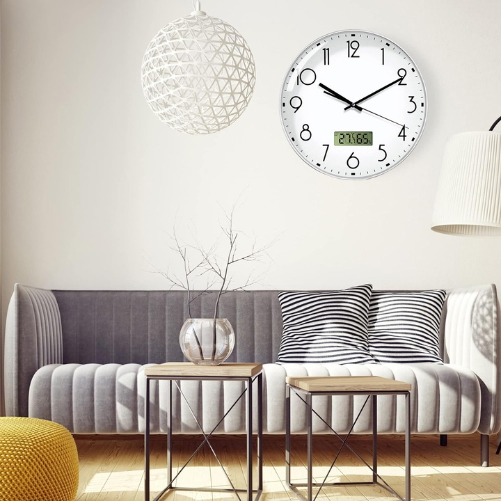 Ceasuri de perete silentios cu termometru si higrometru digital, NUODWELL, Forma rotunda, Pentru camera de zi, dormitor pentru copii, sufragerie, bucatarie, birou, hol, Plastic / Sticla, Diametru 30 cm, Alb