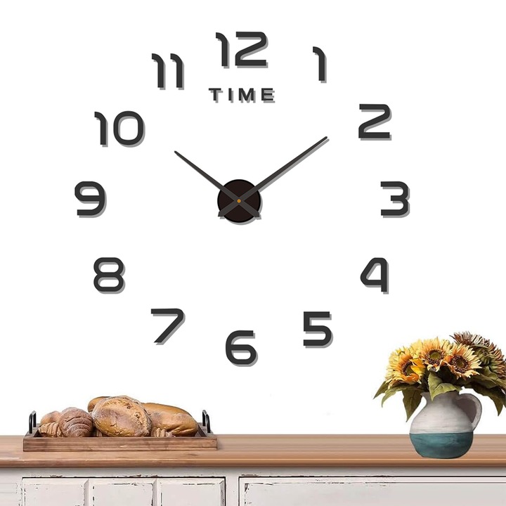 Ceas decorativ pentru perete, NUODWELL, Efect 3D, Usor de instalat, Pentru camera de zi, dormitor, sufragerie, bucatarie, birou, baie, cafenea, coridor, Acrilic, Dimensiune intre 80-130 cm, Negru