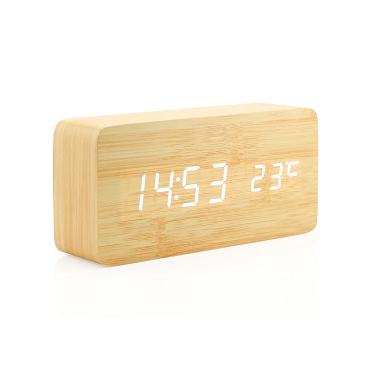 Ceas desteptator din lemn, NUODWELL, Cu functie de control al sunetului, 3 niveluri de reglare a luminozitatii si 3 setari de alarma, Cu afisarea orei si a temperaturii, 15 x 7 x 4 cm, Maro