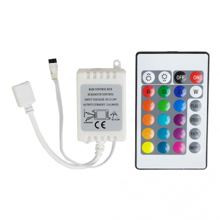 Lightex infravörös vezérlő RGBW szalaghoz, távirányítóval, 24 gombos, DC, 12-24V, 144W-288W