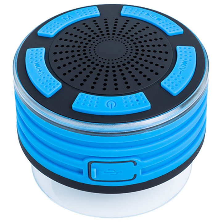 Boxa Portabila Bluetooth, Rezistenta la Apa IPX7, Sistem de Prindere cu Ventuza, LED Ambiental, Albastru/Gri/Portocaliu, 8.2x6.5cm