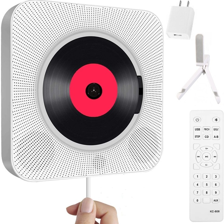 Player CD portabil cu Bluetooth, alb, 189x189x37mm, set cu suport de perete si telecomanda