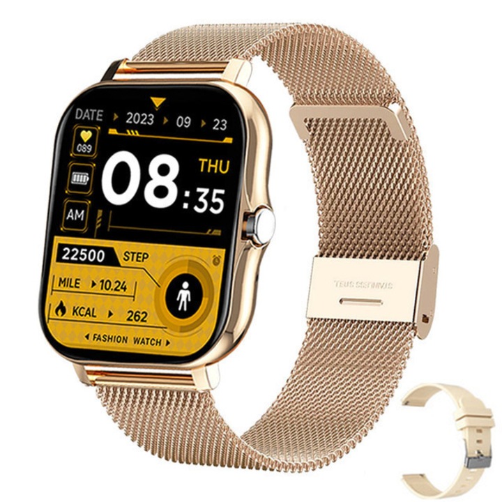 Smartwatch A13, 1.83Inch, Compatibil cu iOS/Android, 2 Curele, Auriu