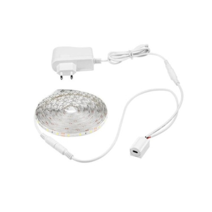 Kit 2 m banda LED 12v waterproof lumina alb rece transformator si senzor de miscare mana distanta 1 - 6 cm, alb