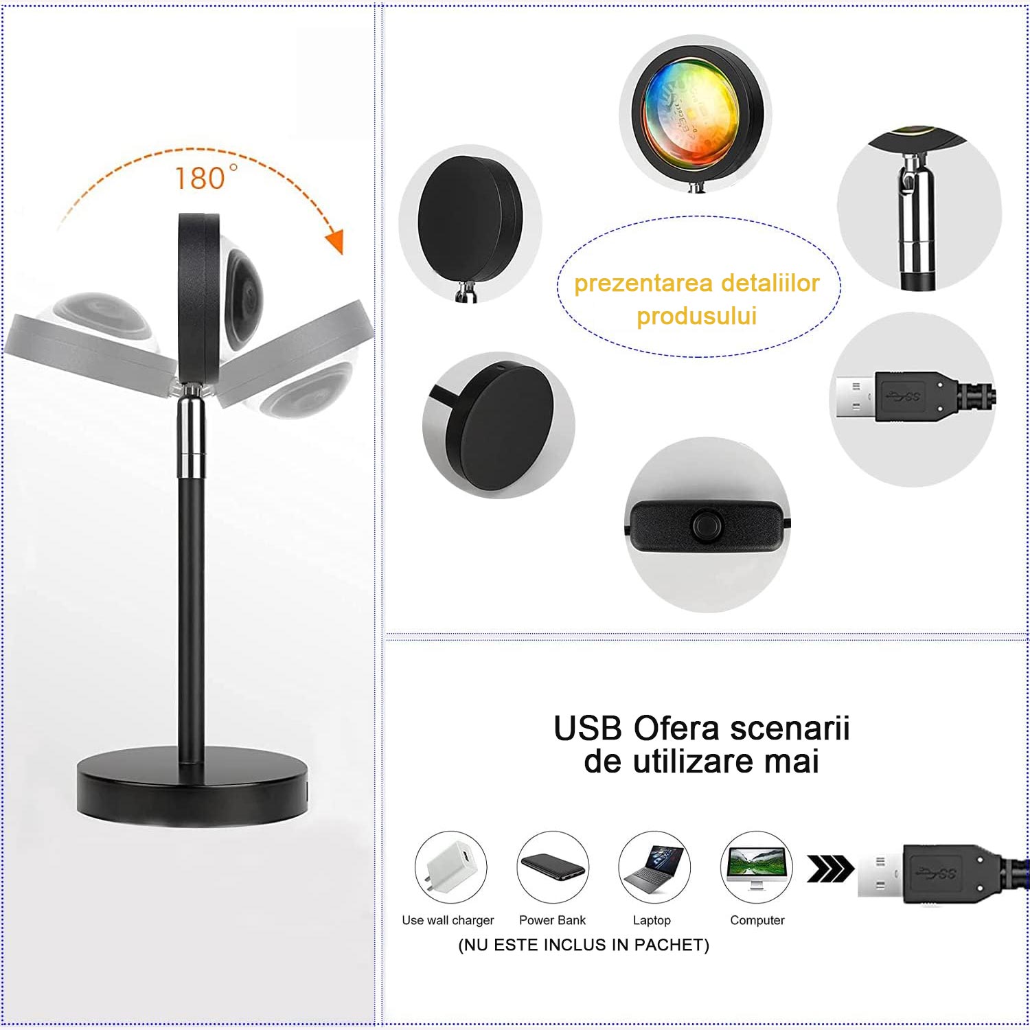 Lampa cu proiectie Sunset Lamp, oein®, Rotatie 180 de grade, RGB, cu