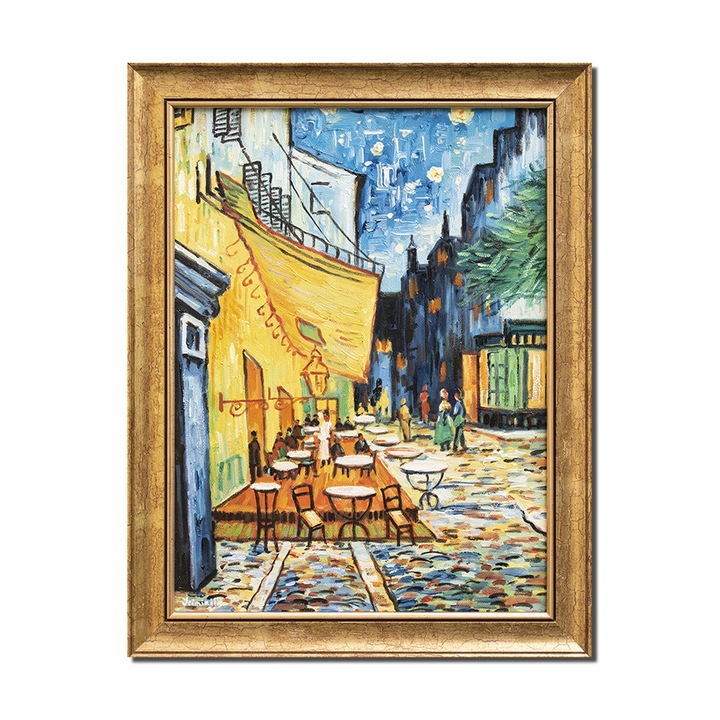 Tablou ArtNova inramat pictat manual, The Cafe Terrace, 45x35cm ulei pe panza reproducere Vincent van Gogh