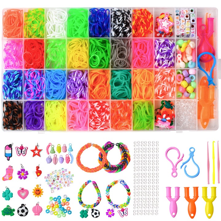 Set Bande Elastice Colorate, 1600+ piese, multicolor, accesorii DIY, ambalaj portabil