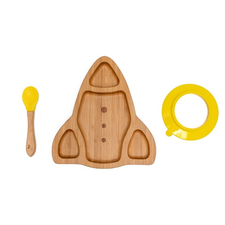 Farfurie diversificare din bambus, certificata CE pentru bebelusi si copii, cu lingurita si ventuza anti-alunecare din silicon alimentar, Racheta, Galben