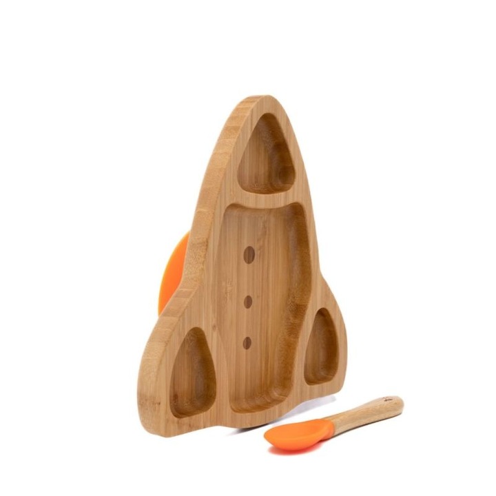 Farfurie diversificare din bambus, certificata CE pentru bebelusi si copii, cu lingurita si ventuza anti-alunecare din silicon alimentar, Racheta, Portocaliu