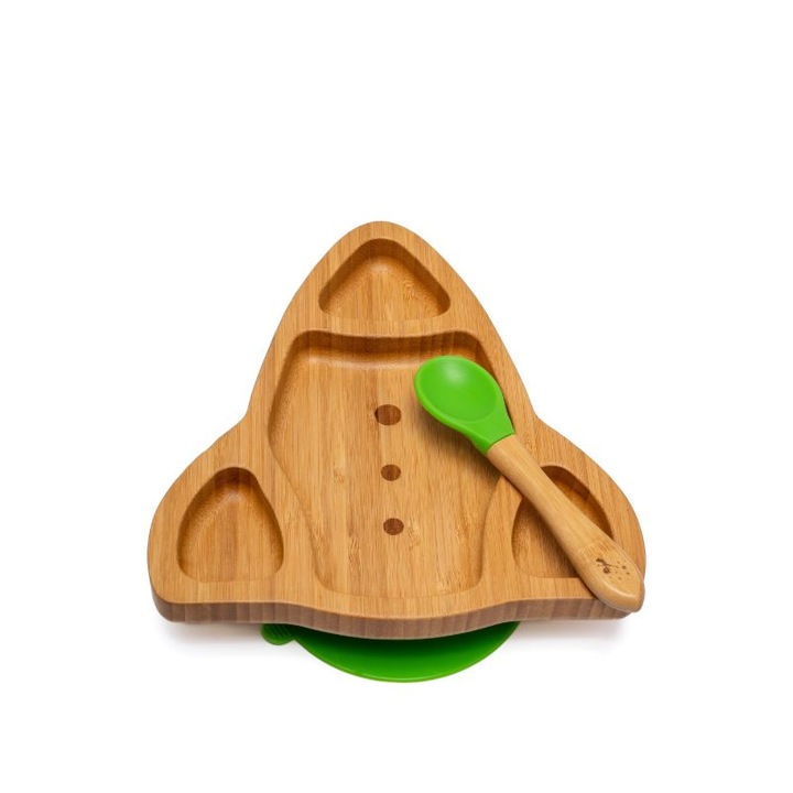 Farfurie diversificare din bambus, certificata CE pentru bebelusi si copii, cu lingurita si ventuza anti-alunecare din silicon alimentar, Racheta, Verde