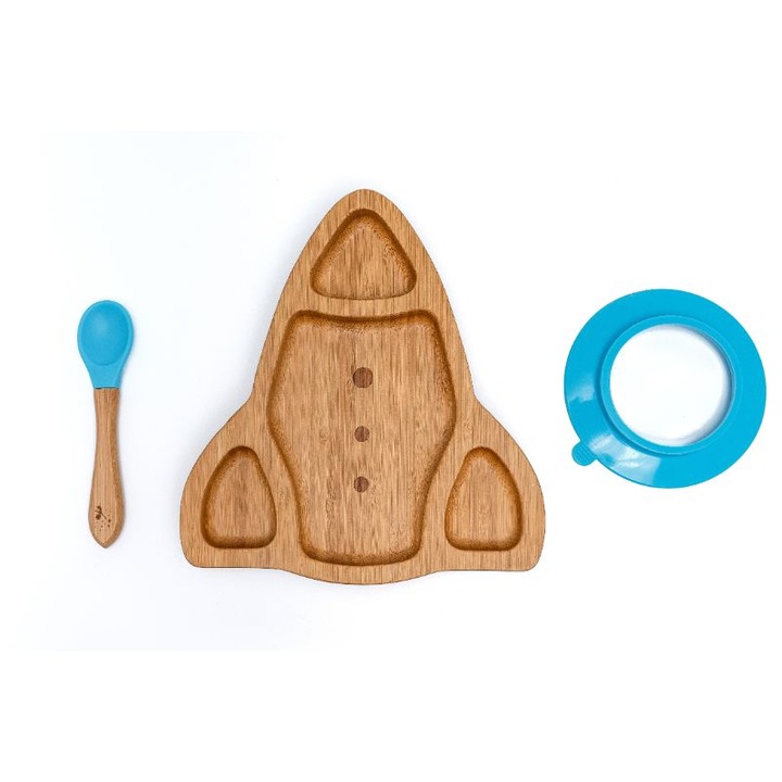Farfurie diversificare din bambus, certificata CE pentru bebelusi si copii, cu lingurita si ventuza anti-alunecare din silicon alimentar, Racheta, Albastru