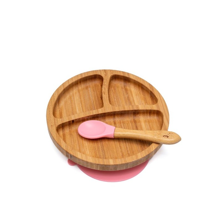 Farfurie diversificare din bambus, certificata CE pentru bebelusi si copii, cu lingurita si ventuza anti-alunecare din silicon alimentar, Rotund, Roz