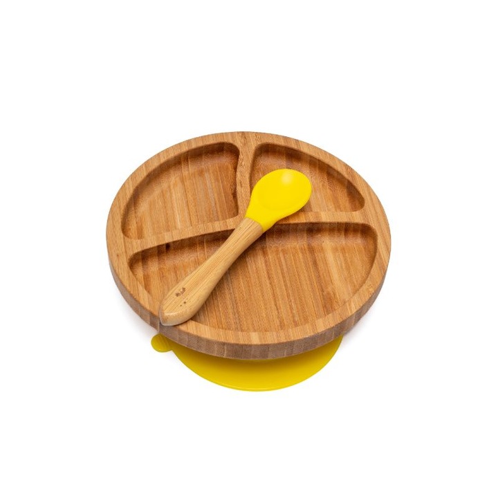 Farfurie diversificare din bambus, certificata CE pentru bebelusi si copii, cu lingurita si ventuza anti-alunecare din silicon alimentar, Rotund, Galben