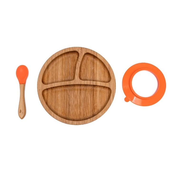 Farfurie diversificare din bambus, certificata CE pentru bebelusi si copii, cu lingurita si ventuza anti-alunecare din silicon alimentar, Rotund, Portocaliu