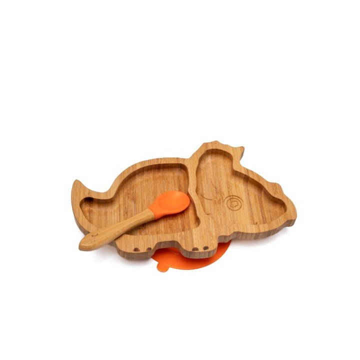 Farfurie diversificare din bambus, certificata CE pentru bebelusi si copii, cu lingurita si ventuza anti-alunecare din silicon alimentar, Cameleon, Portocaliu