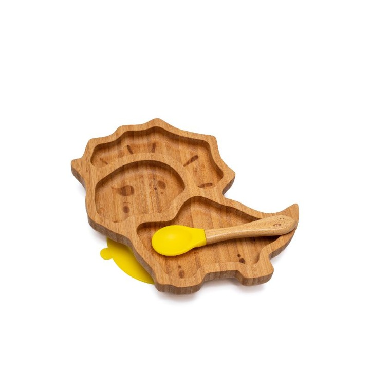 Farfurie diversificare din bambus, certificata CE pentru bebelusi si copii, cu lingurita si ventuza anti-alunecare din silicon alimentar, Dinozaur, Galben