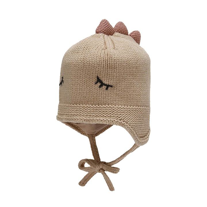 Caciula pentru copii, model dinozaur somnoros cu prindere sub barbie, tematica sleepy world, 1 – 3 ani, maro deschis, EFAYN