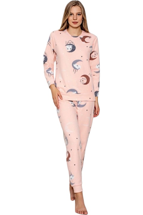 Pijama dama polar, StarFashion, groasa pentru iarna, microfibra, Roz pudrat