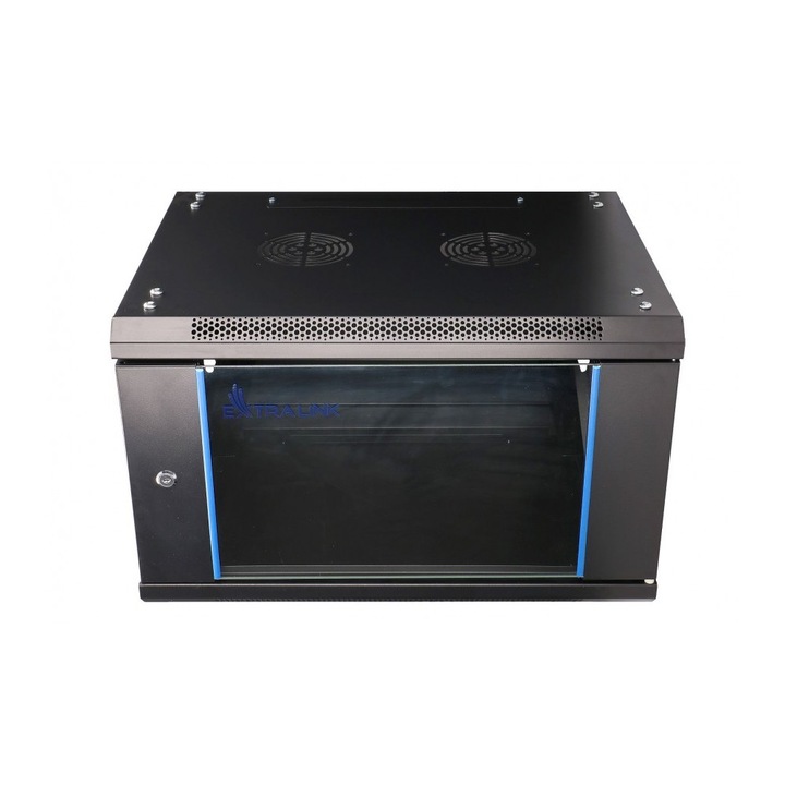 Szekrénytartó 6u 600×600, fekete, falra szerelhető üvegajtóval