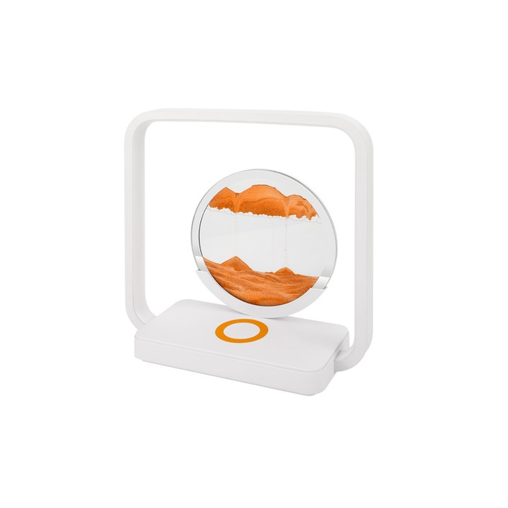 Lampa LED cu incarcare wireless 15W pentru smartphone, luminozitate ajustabila, 3 tonuri de lumina, alimentare prin USB, ornament cu nisip miscator, material ABS, BRAGUS®, alb-portocaliu