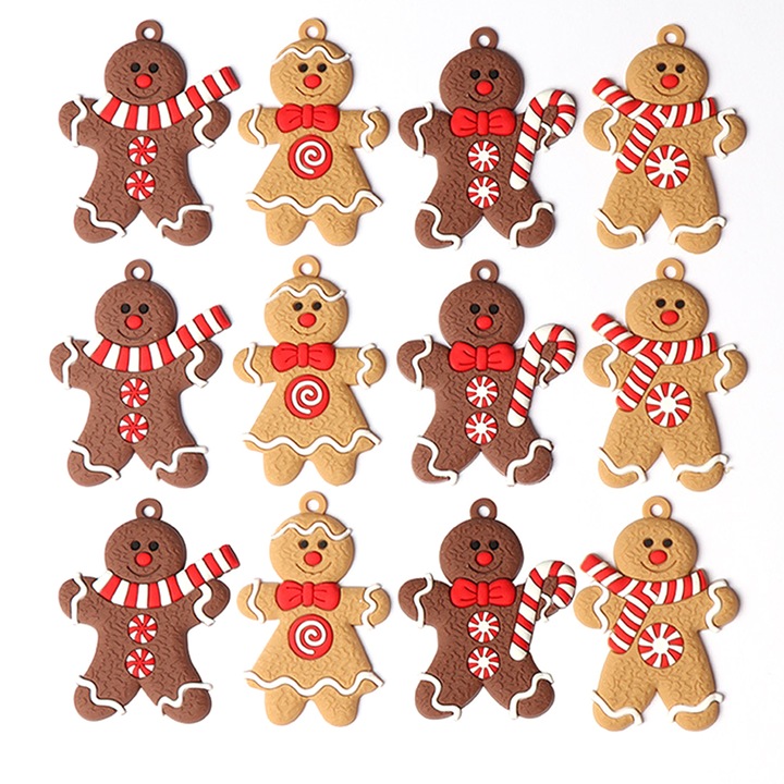 Set 12 ornamente de Craciun, figurine omuleti de turta dulce, PVC, maro/bej, 7x5cm