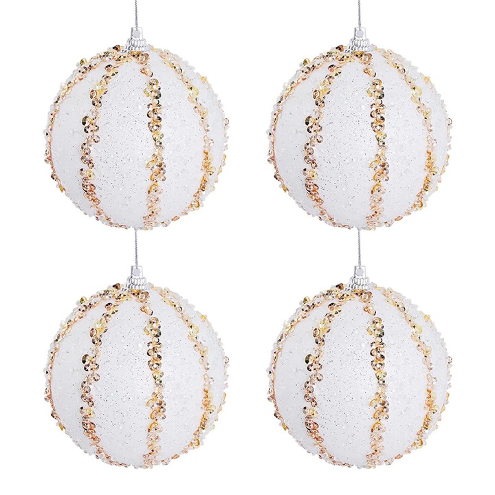 Set 4 Bile Glitter pentru Craciun, 8CM, alb, accesorii decorative pentru brad