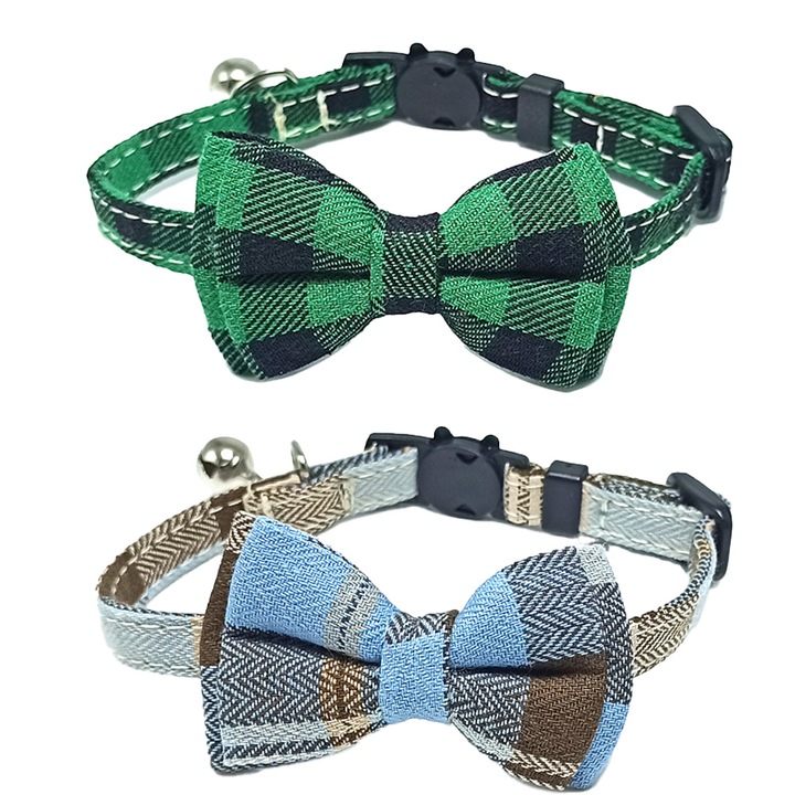 Set 2 zgarzi pentru animale, plaid albastru-maron si verde deschis, cu clopotel, ajustabila 18-28cm