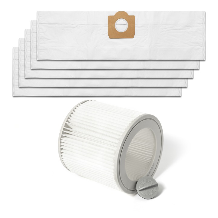 Set filtru si 5 saci sintetici compatibil cu aspiratorul KARCHER WD 3, SE 4001, MV3, 6.959-130.0, aspirare umeda si uscata