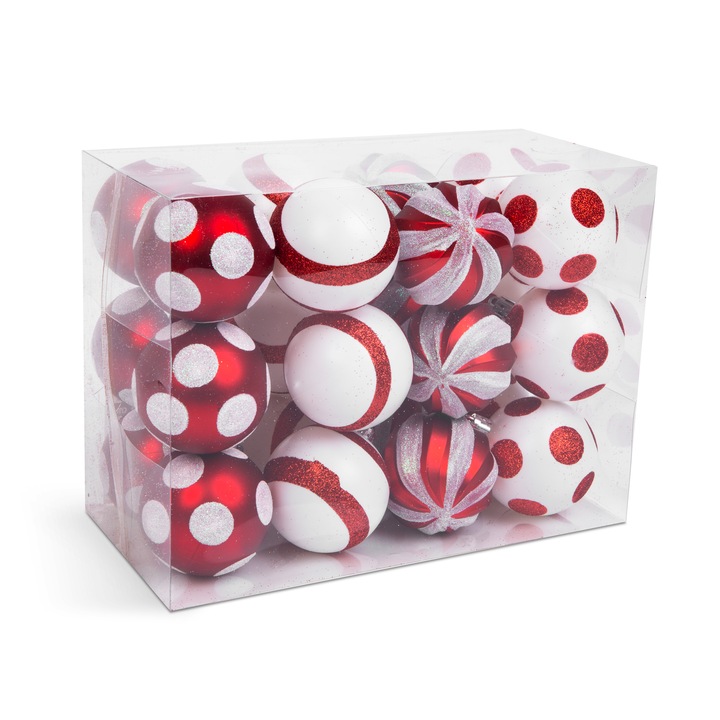 Decoratiune de Craciun - set 24 globuri alb-rosu 6cm
