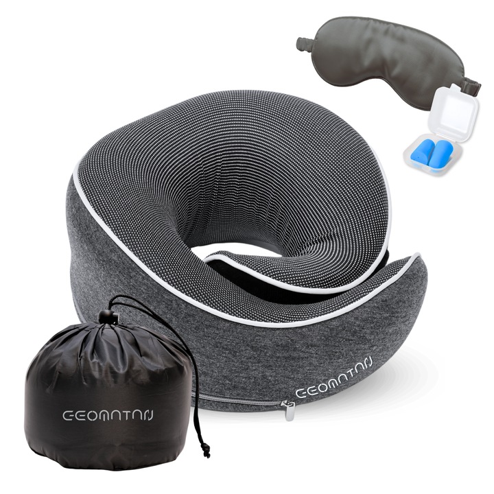 Perna de Calatorie pentru Gat GEOMATAN®, 3 accesorii incluse, Sac de transport impermeabil, Dopuri de urechi, Masca de dormit 3D, utila in Avion si Masina, din Spuma cu memorie, Husa respirabila, Alunga durerea cervicala, Marime ajustabila, Negru