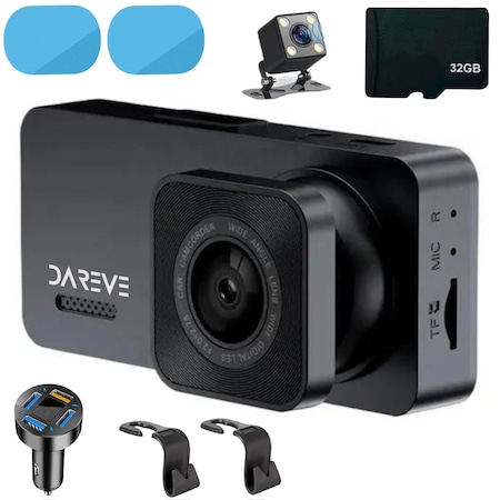 Camera Auto de Bord Dareve cu Functie Tripla de Inregistrare, Rezolutie 1080p, Wi-Fi, Vedere Nocturna, Unghi 170 Grade, Card 32GB, Incarcator Auto, 2 Folii pentru Oglinzi si 2 Carlige Tetiera Scaun incluse