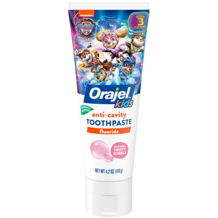 Паста за зъби, Orajel, Paw Patrol, за установяване на зъбни навици, възраст 0-3 години, с флуорид, вкус на дъвка, 119 гр
