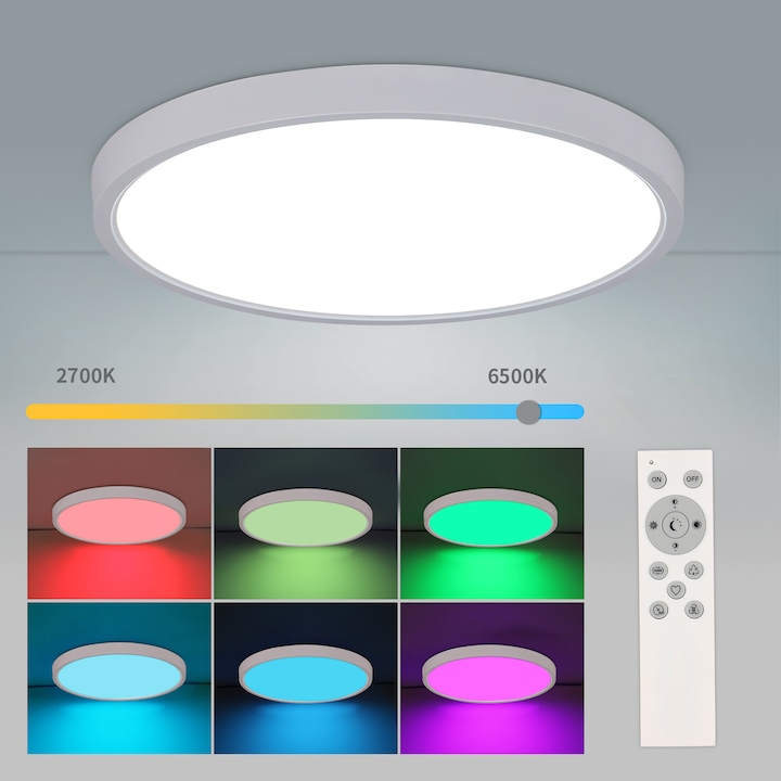 Plafoniera Led, Toollight, 24w, Culori Rgb Ajustabile, 2520lm, Cu Telecomanda, Intre 2700-6500k, Rezistenta La Apa Ip54, Potrivita Pentru Baie, Dormitor, Sufragerie, Bucatarie