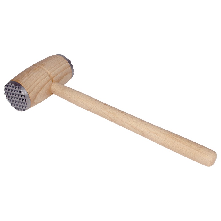 Ciocan pentru fragezit carne, Lemn de fag cu elemente metalice, Pentru bucatarie, Restaurant, Puternic, Durabil, Solid, Maro/Argintiu, Woodcarver, 30 x 10 cm