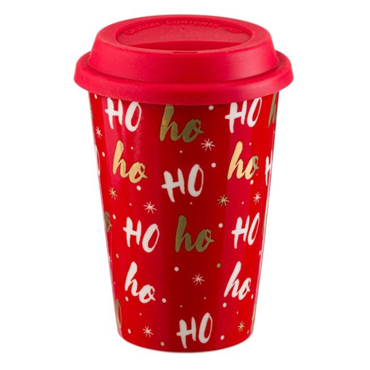 Керамична чаша за кафе със силиконов капак ClickDeal®, Christmas, Ho Ho Ho, Червена, 400 мл