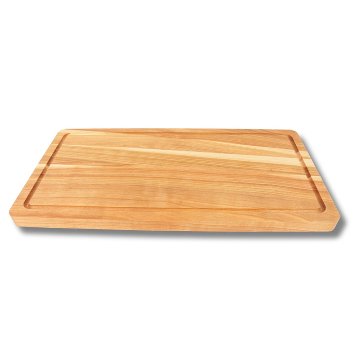 Tocator profesional din lemn de cires, Margini rotunjite, Cu o canelura, Set pentru taiat si servire, Creasta furtunii, Pentru servirea felurilor de mancare si aperitive, Elegant, Puternic, Durabil, Maro, De la producator, Woodcarver, 48x24x2.5 cm
