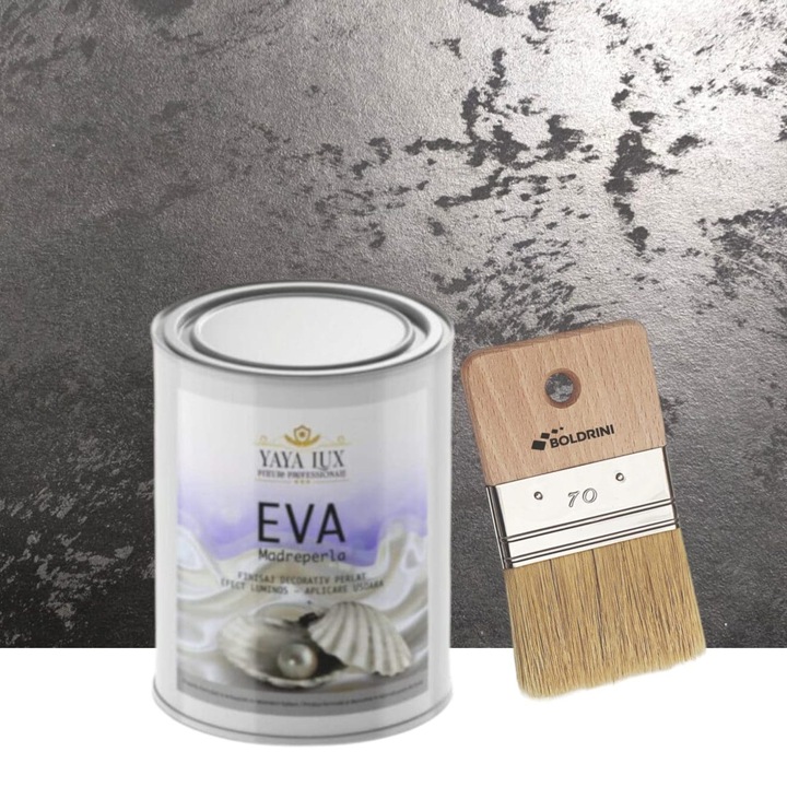 Vopsea decorativa de Lux, Eva Madreperla, Negru, cu Fulgi de Sticla, 1 L si Pensula 7o mm, YaYa Color