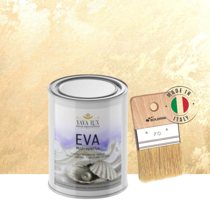 Vopsea decorativa Eva Madreperla, Bej Sampanie, cu Fulgi de Sticla, 1 L si Pensula 70 mm, YaYa Color